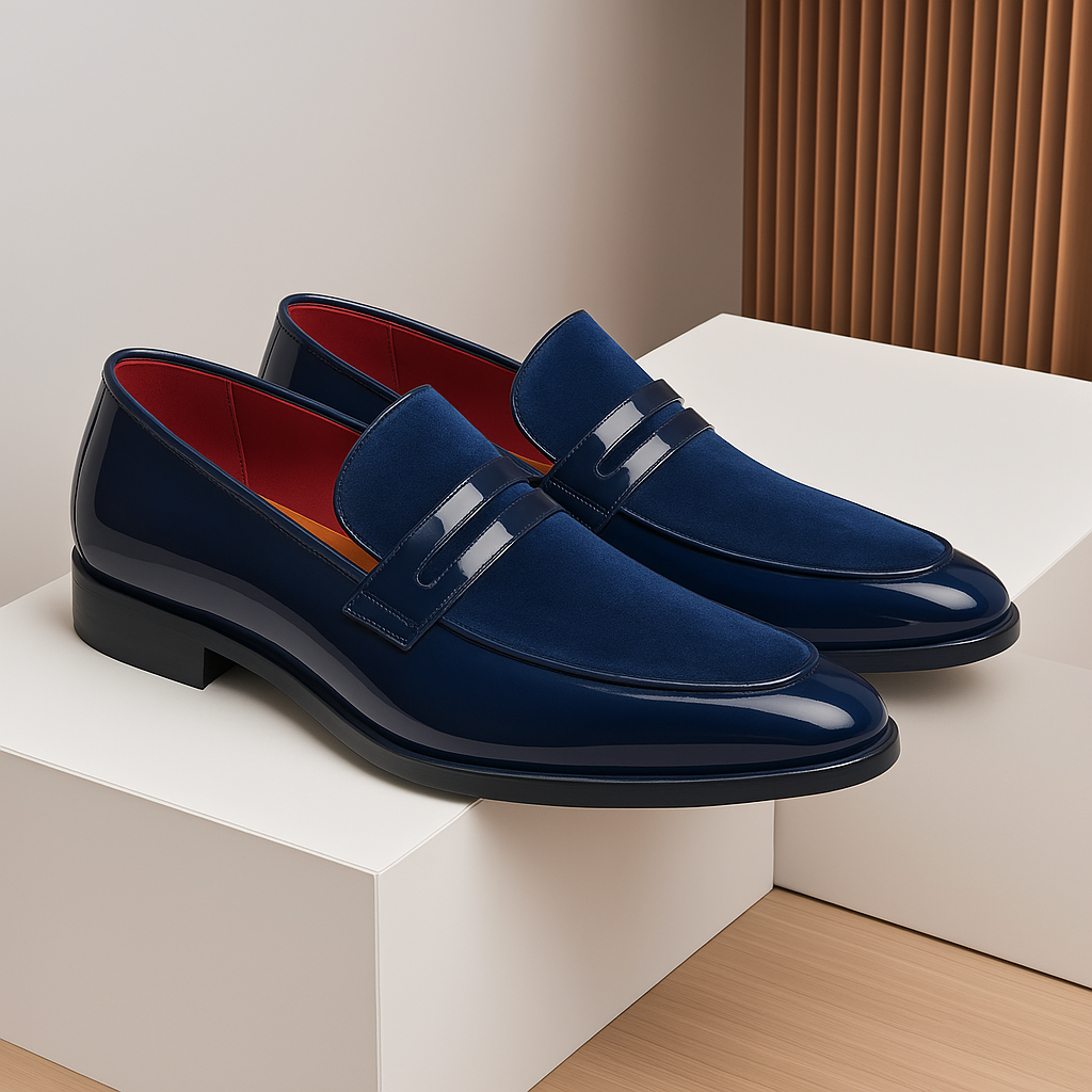 Overhead view of men's glossy black formal loafers, modern & elegant dress shoes for refined men's fashion.