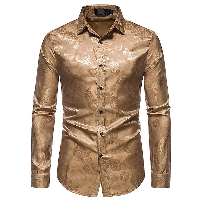 Stylish men's glossy long sleeve evening shirt. Luxurious formal wear for events & special occasions. Modern menswear.