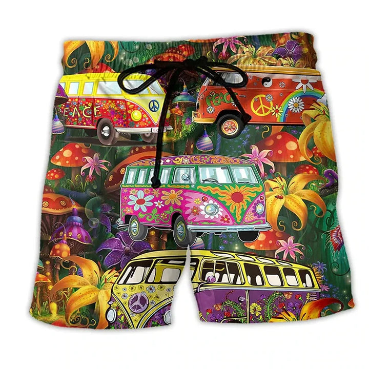 Quick-dry men's swim shorts with vibrant graffiti print, perfect for beachwear.