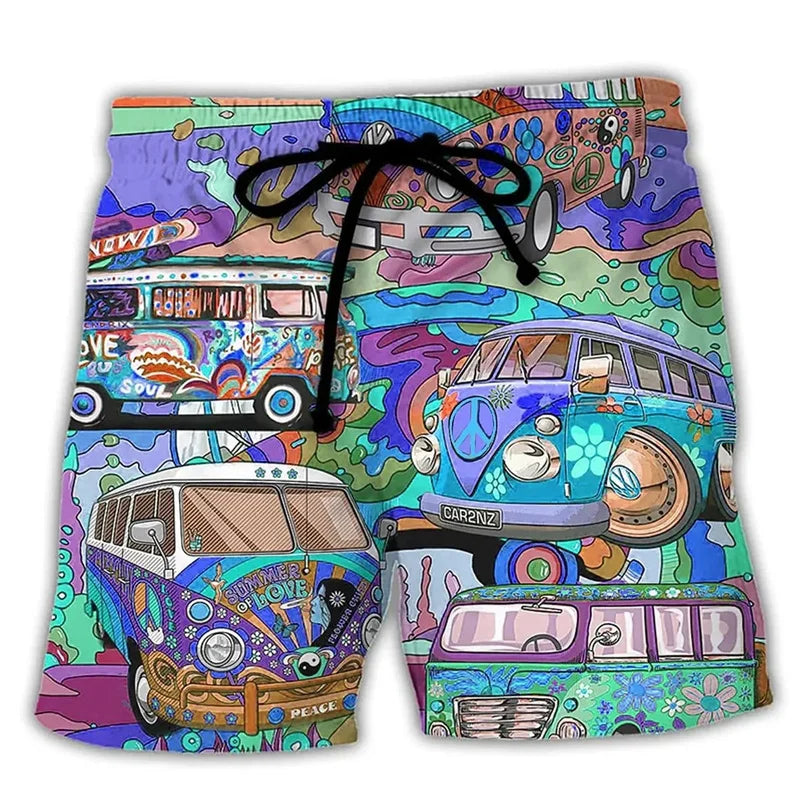 Men's graffiti print swim shorts, quick-dry beachwear, adjustable waist for summer.