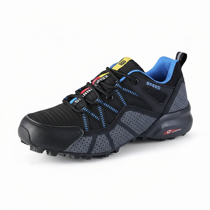Detail of men's Grant waterproof hiking boot, showcasing material texture and strong stitching