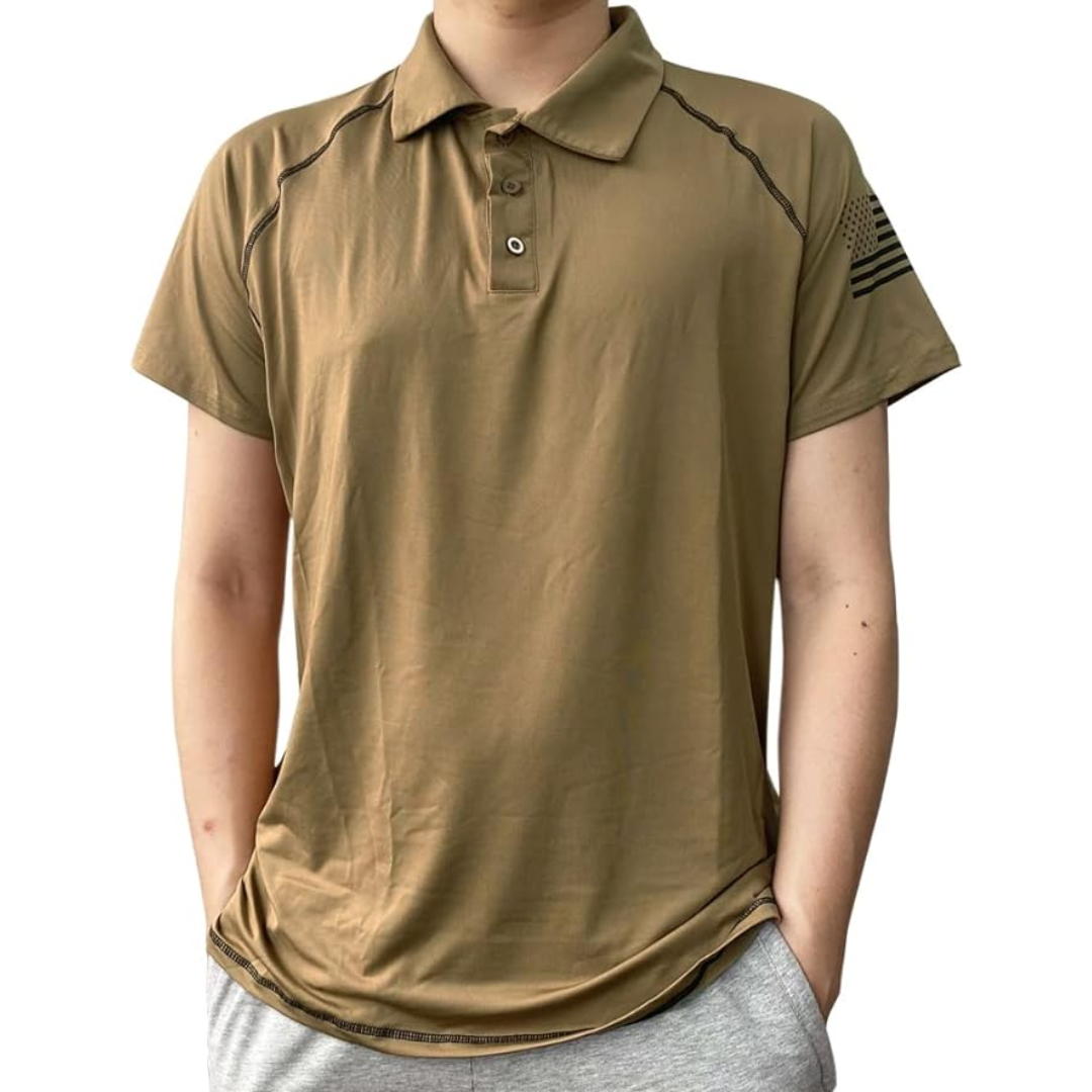 Side view of a men's black TrailCore quick-dry polo, performance sportswear for hiking