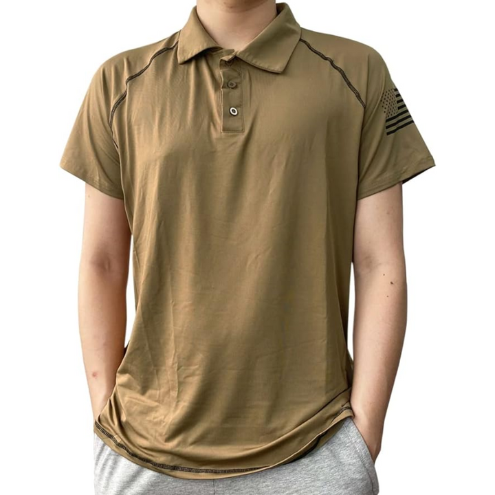 Side view of a men's black TrailCore quick-dry polo, performance sportswear for hiking