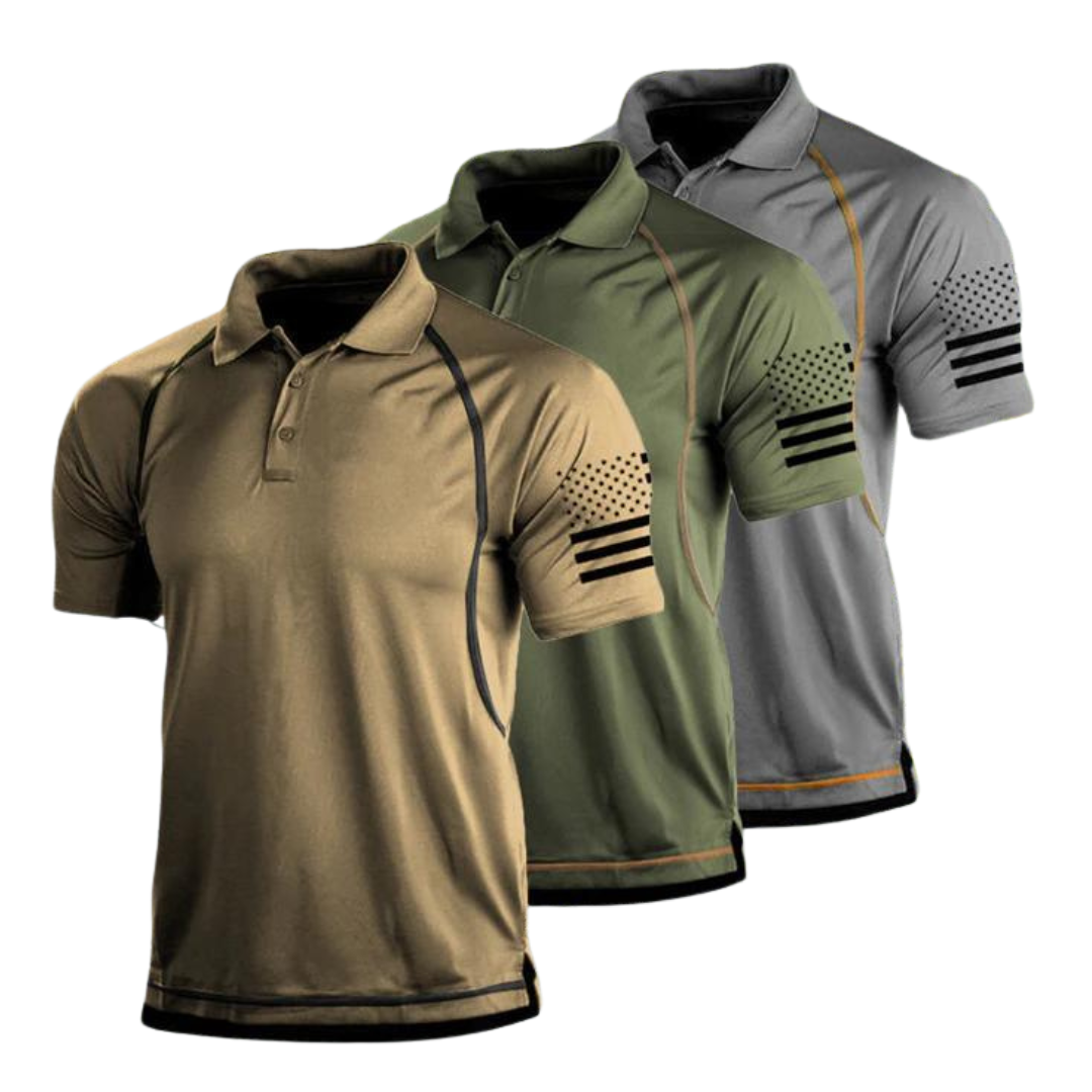 Folded men's white TrailCore outdoor polo shirt, breathable and quick-drying polyester fabric