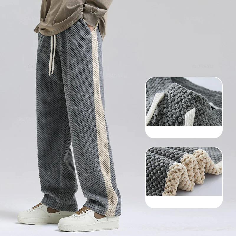 Comfortable black men's waffle corduroy lounge joggers, ideal for casual wear, relaxation & urban style.
