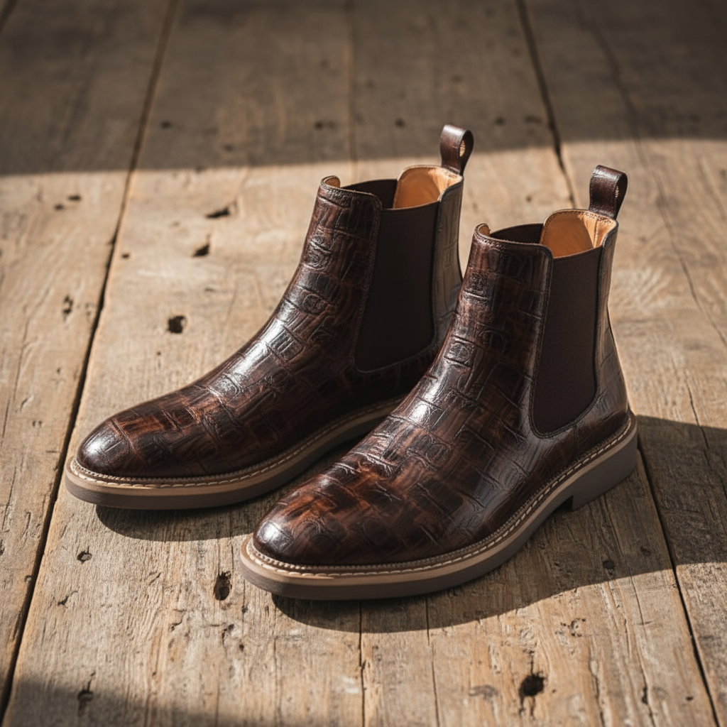 Dark brown Grayson men's leather Chelsea boots. Durable pull-on footwear, perfect for dressy or casual outfits.