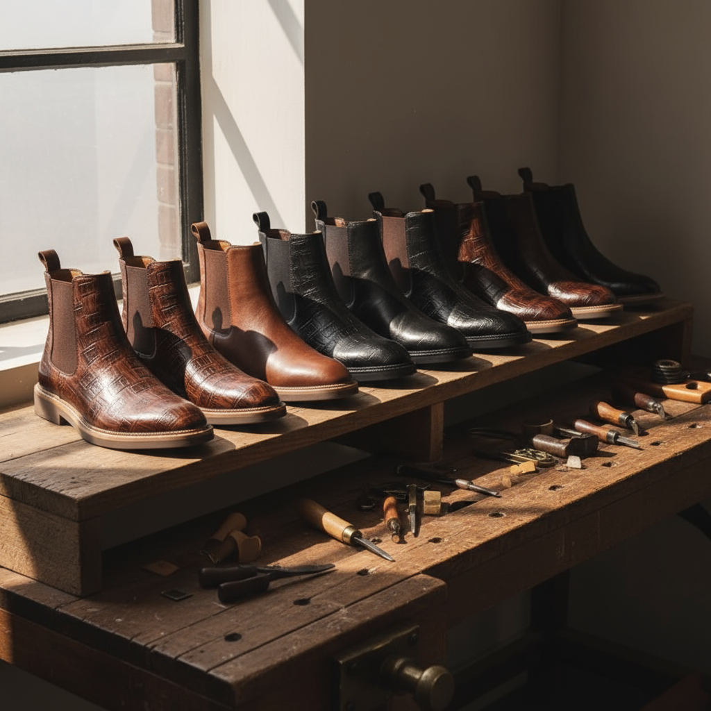 Black men's Grayson leather Chelsea boots with elastic gussets. Elegant and durable slip-on footwear.