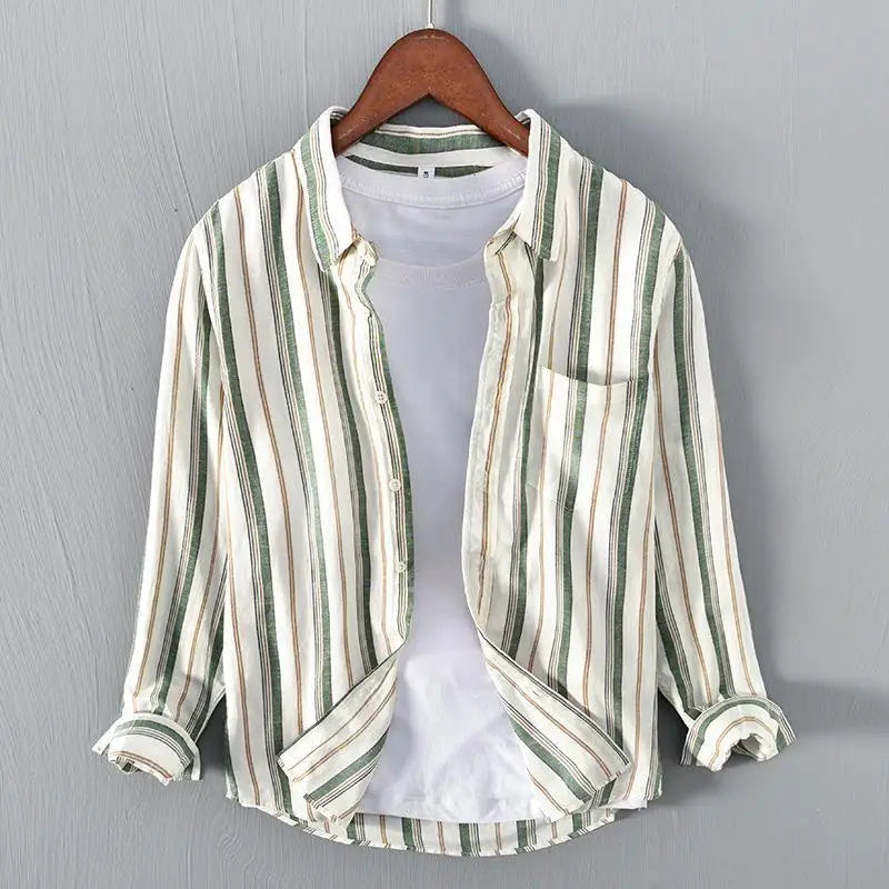 Men's green striped button-up shirt, lightweight and comfortable for casual summer or spring style.