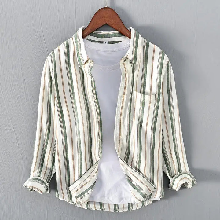 Men's green striped button-up shirt, lightweight and comfortable for casual summer or spring style.