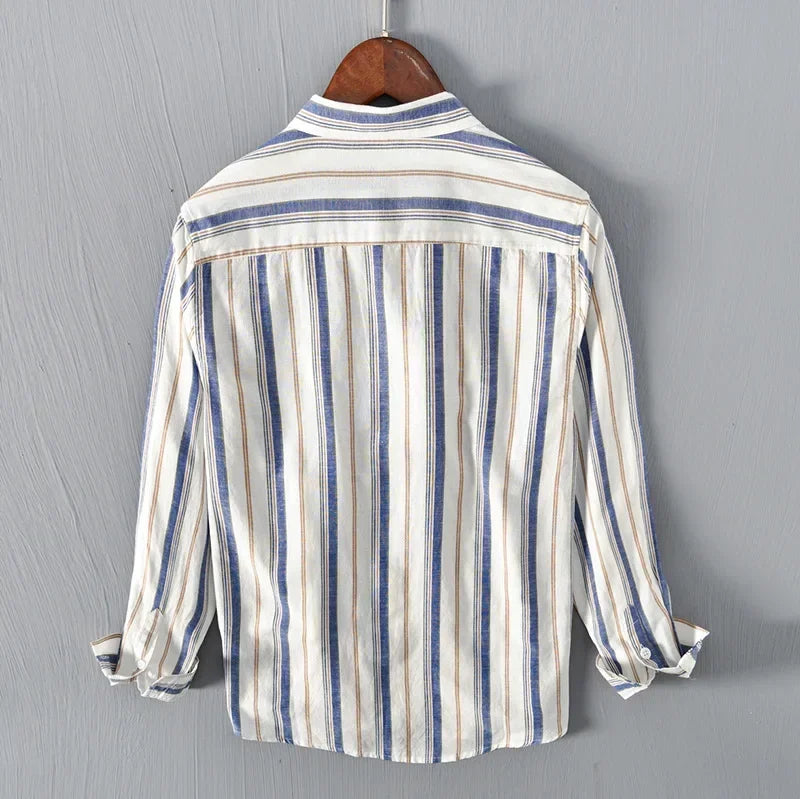 Lightweight men's striped button-up shirt. Comfortable long sleeve top for a stylish casual spring or summer look.