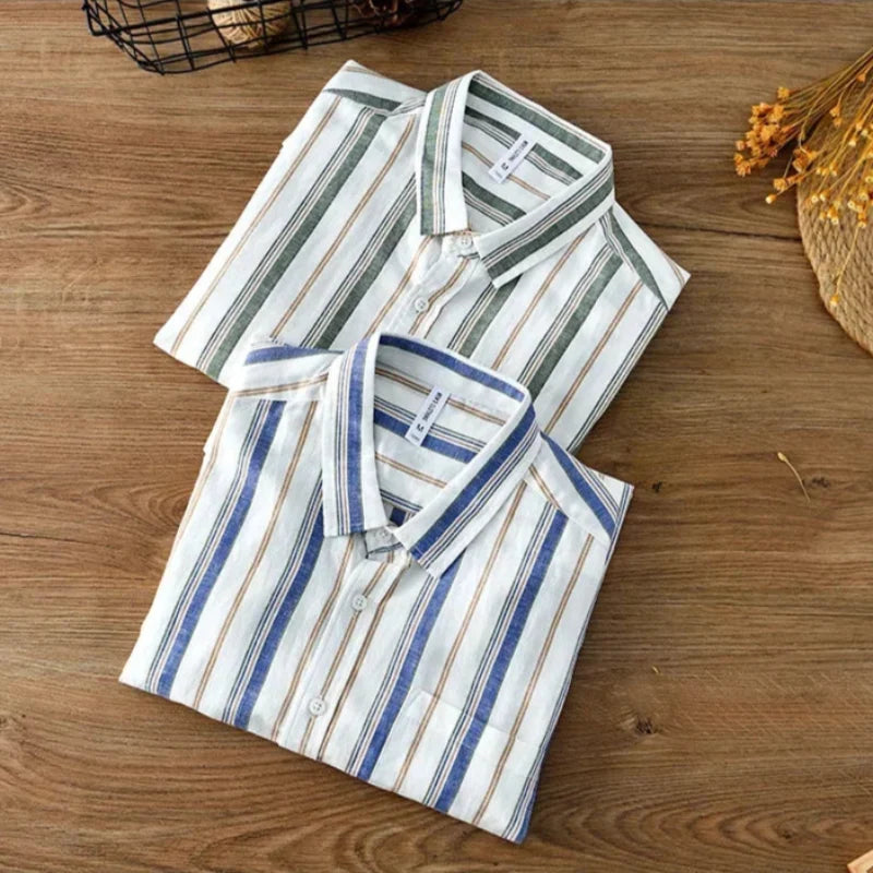 Relaxed fit men's striped button-up, long sleeve. Perfect comfortable, stylish casual shirt for spring & summer.