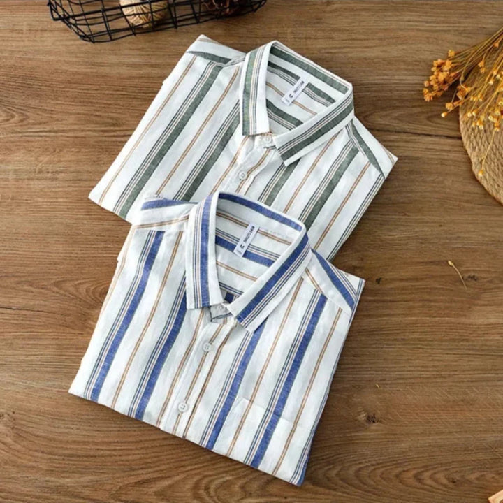 Relaxed fit men's striped button-up, long sleeve. Perfect comfortable, stylish casual shirt for spring & summer.