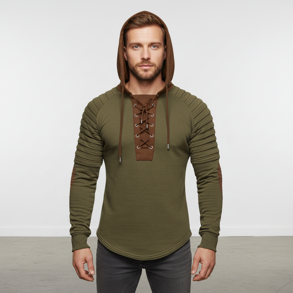 Close-up of lace-up detail on a men's polyester sporty hoodie, ideal for winter fashion.