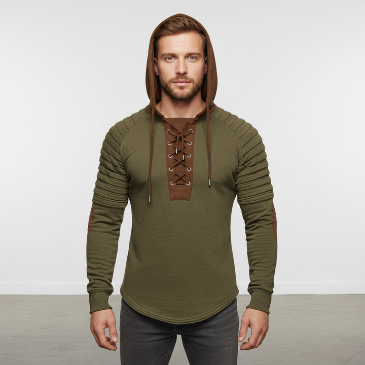 Close-up of lace-up detail on a men's polyester sporty hoodie, ideal for winter fashion.