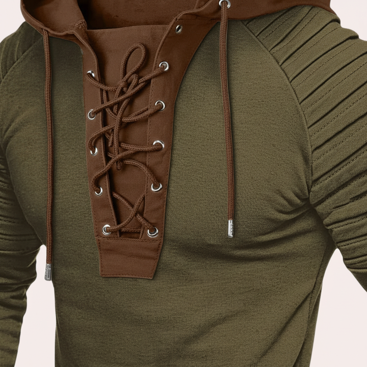 Men's athletic lace-up hoodie in motion, side view, showcasing comfortable sporty top for men.