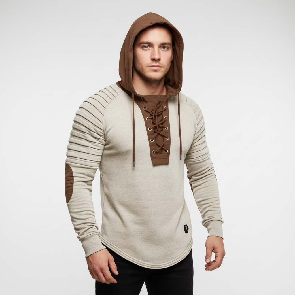 Back view of men's grey lace-up sporty hoodie, highlighting athletic apparel design.