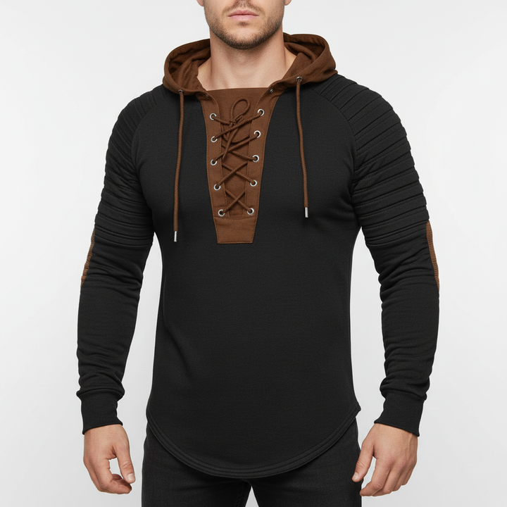 Model wearing men's lace-up polyester hoodie, demonstrating a blend of winter and casual fashion.