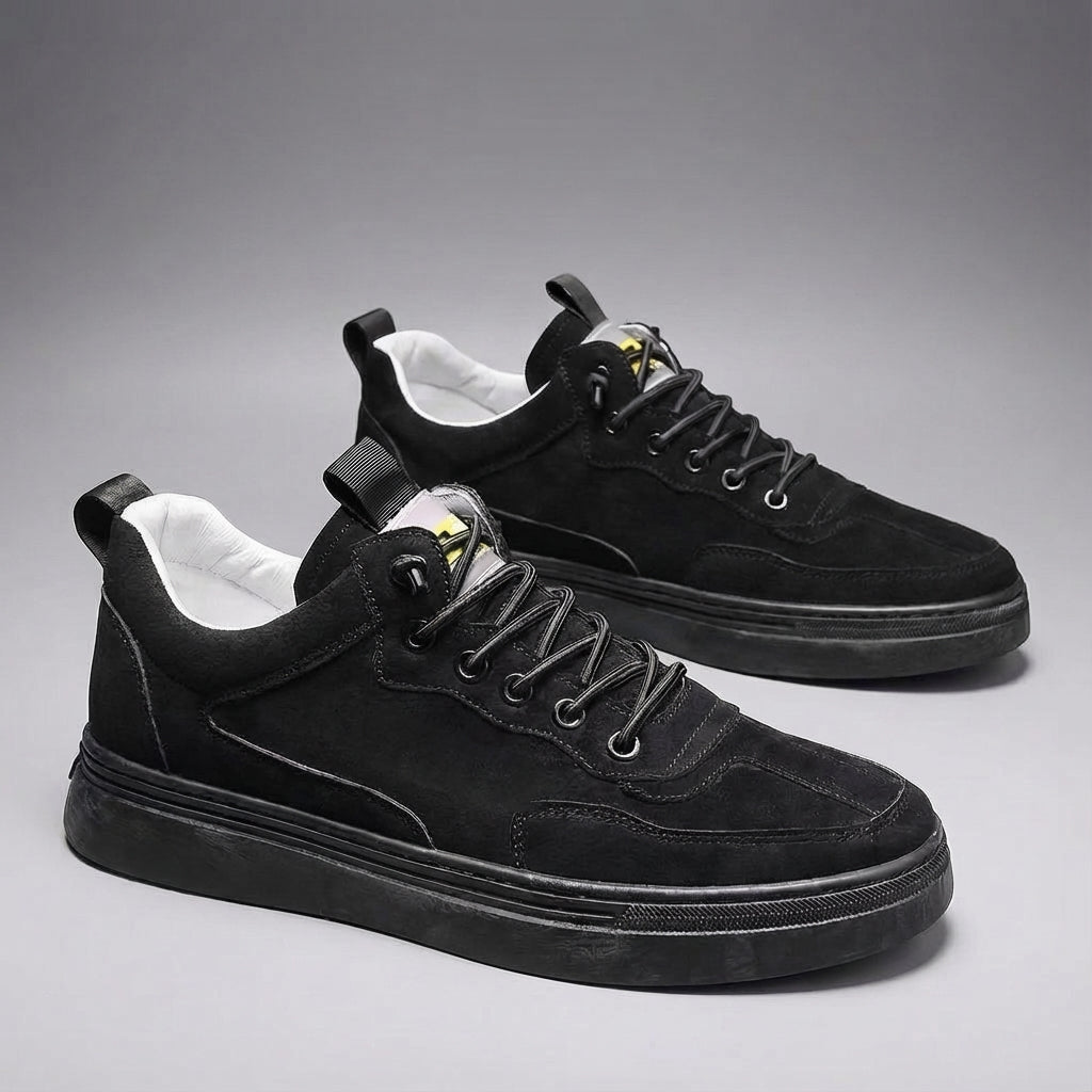 Pair of black men's orthopedic walking shoes, Elliot, providing superior arch support