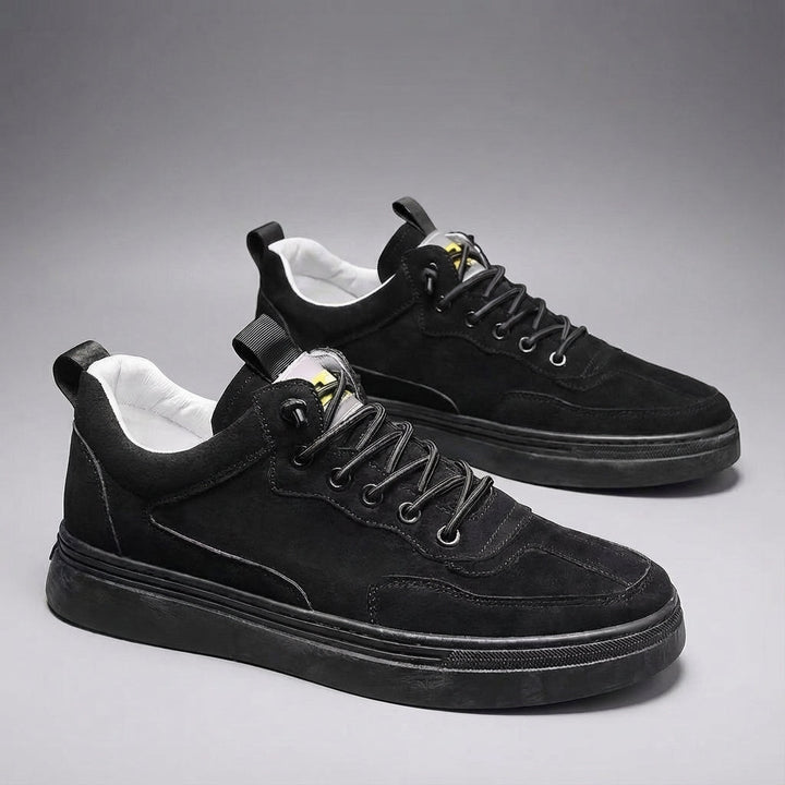 Pair of black men's orthopedic walking shoes, Elliot, providing superior arch support