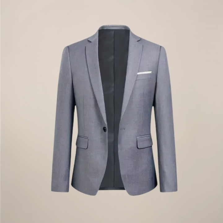 Elegant men's grey three-piece suit, slim fit tuxedo for formal wear. Ideal for weddings, business, or special events.