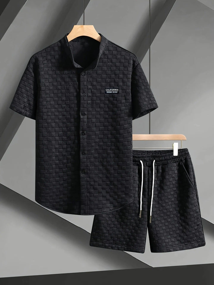 Men's gridline checkered lounge set, two-piece with shorts. Relaxed fit for ultimate comfort and home wear.