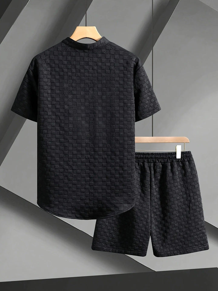 Stylish men's checkered gridline lounge set. Two-piece with comfortable shorts, perfect for summer casual wear.
