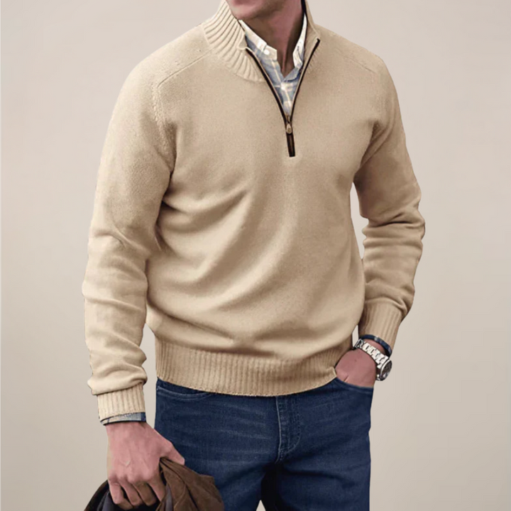 Stylish men's knit half-zip sweater. Comfortable all-season pullover, great for smart casual or layering.