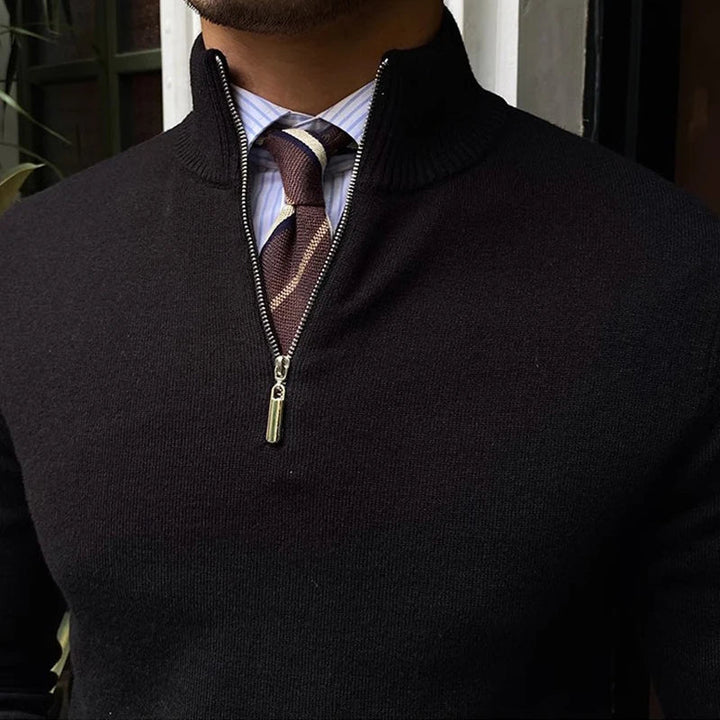 Cozy men's knit half-zip pullover. Versatile long-sleeve sweater, perfect for casual or smart autumn fashion.