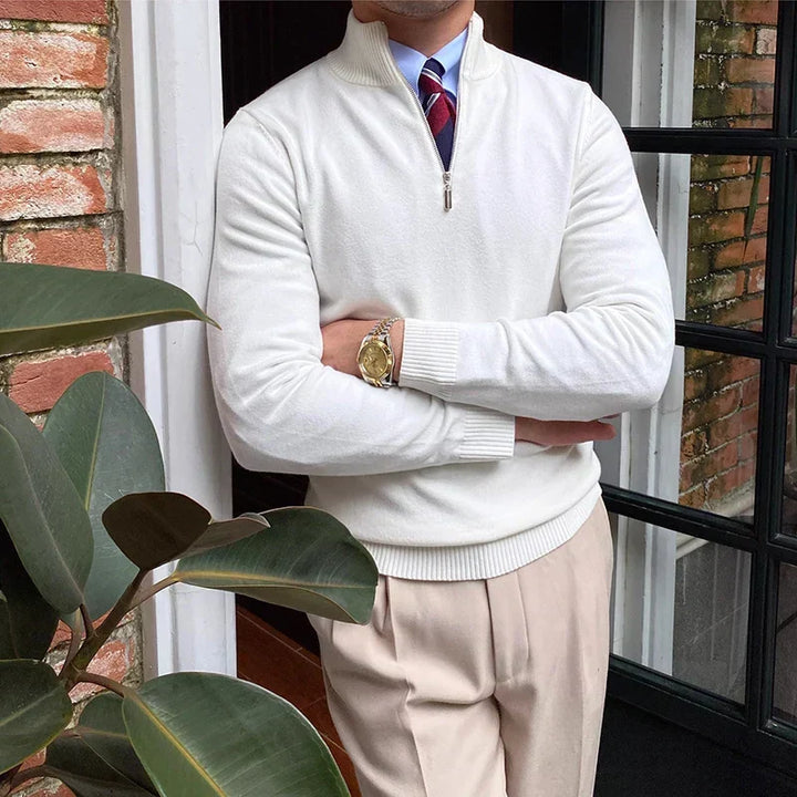 Stylish men's half-zip knit sweater. A warm long-sleeve pullover for autumn & winter seasonal fashion.