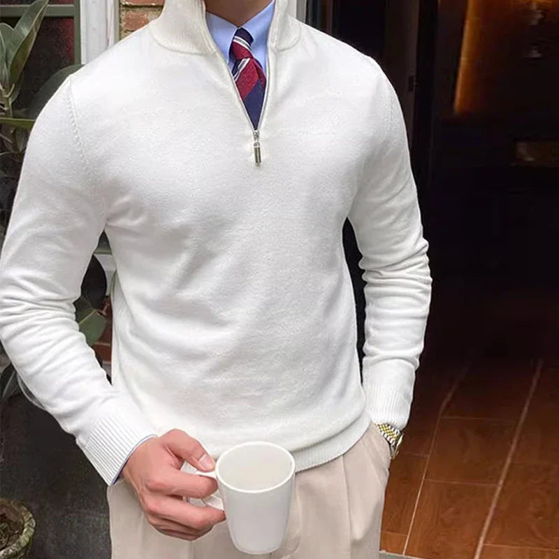 Comfortable men's half-zip knit sweater, a smart casual long-sleeve pullover offering winter warmth for men.