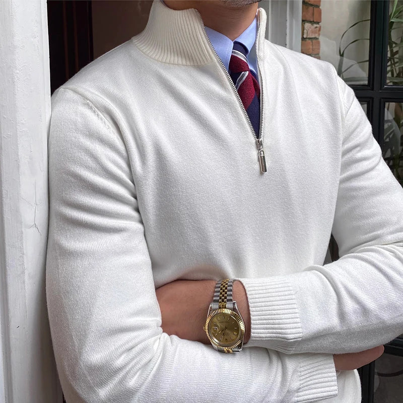 Classic men's smart casual half-zip knit pullover. Essential long-sleeve sweater for autumn & winter versatility.