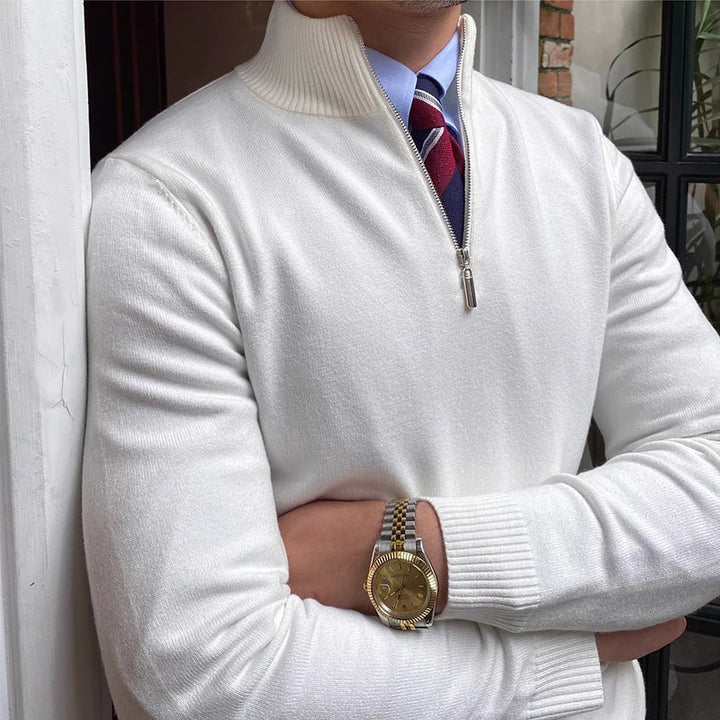 Classic men's smart casual half-zip knit pullover. Essential long-sleeve sweater for autumn & winter versatility.