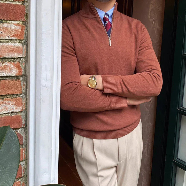 Versatile men's half-zip knit sweater for autumn fashion. A warm long-sleeve pullover for smart casual men's style.