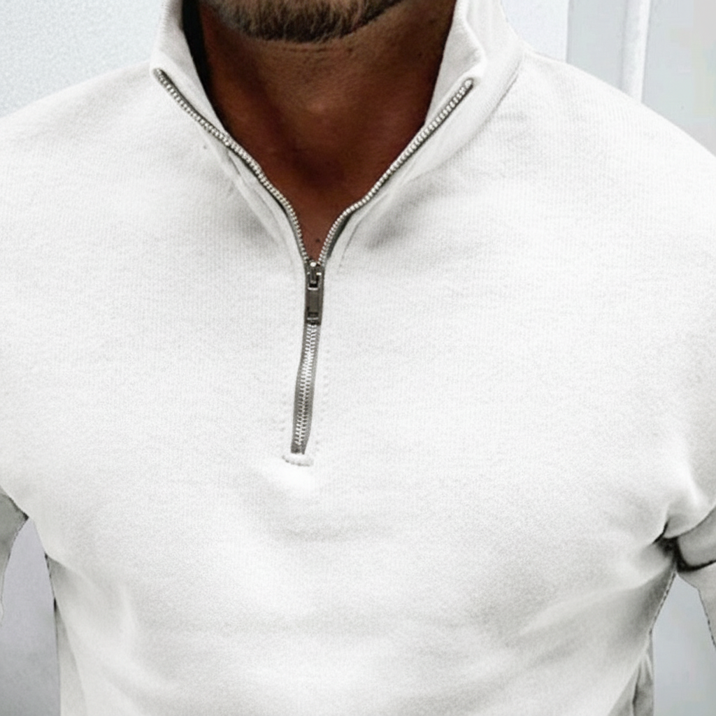 Casual men's knitted longsleeve sweater with a practical half-zip design