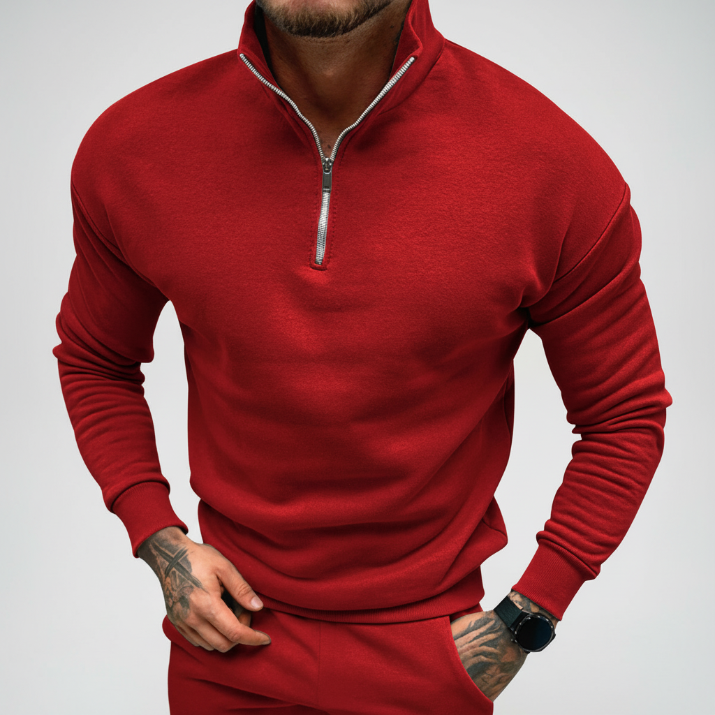 Close-up of the textured knit on a men's comfortable half-zip pullover sweater