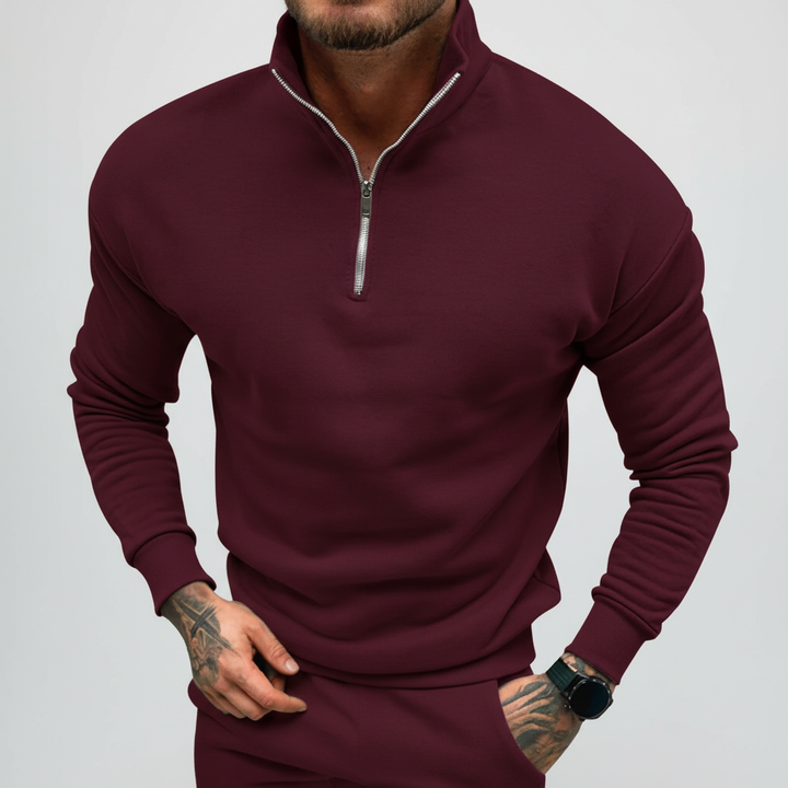 Full shot of a men's knitted pullover sweater with a half-zip neckline