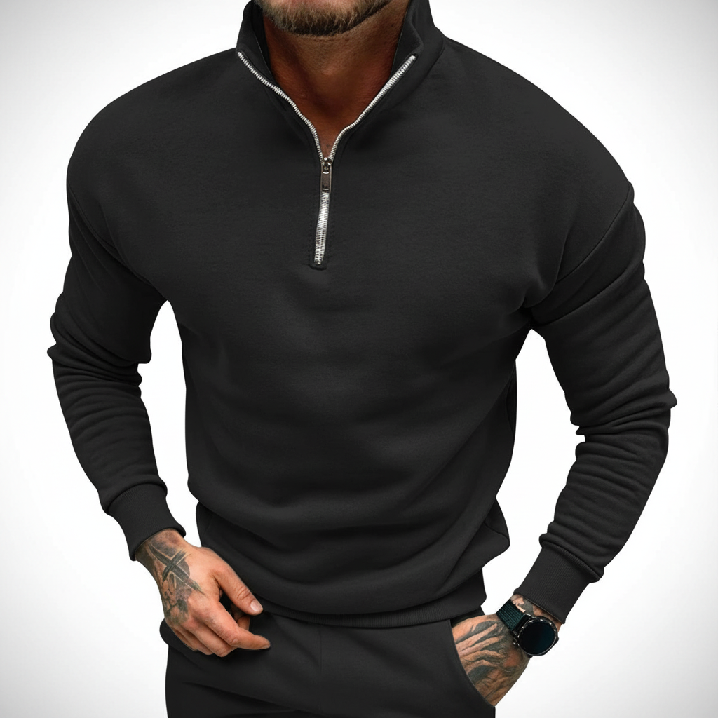 Detail of the half-zip collar on a men's classic knitted sweater, menswear essential