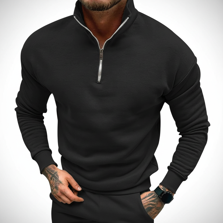 Detail of the half-zip collar on a men's classic knitted sweater, menswear essential