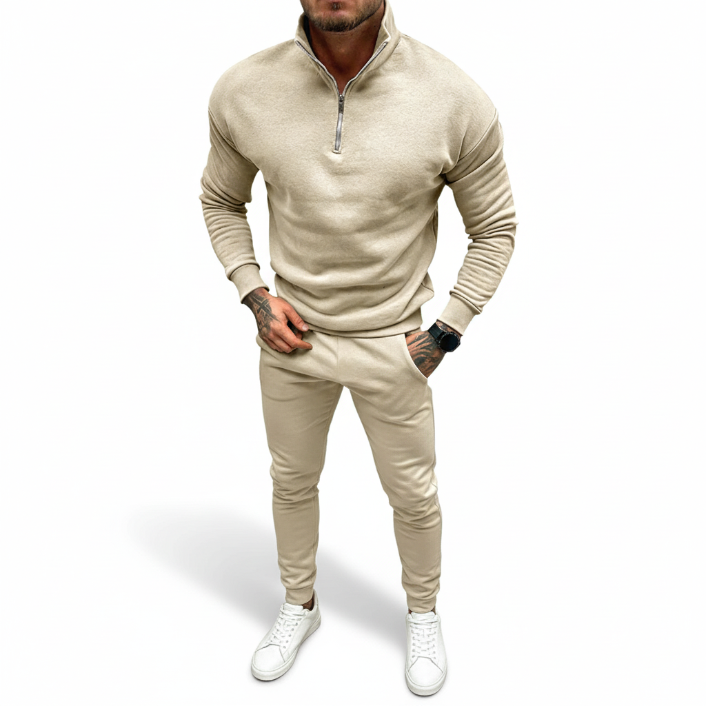 Warm and comfortable men's half-zip pullover sweater, a staple for casual winter outfits