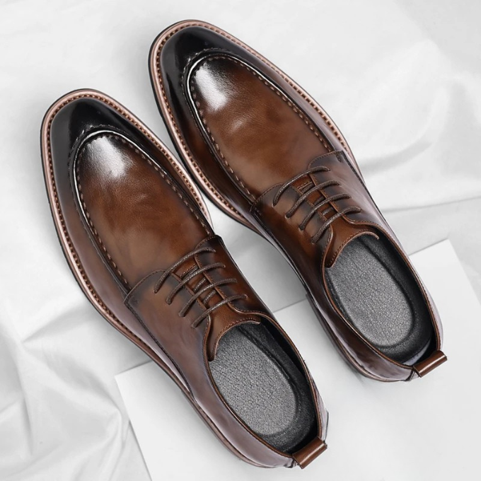 Classic men's Oxford dress shoes, hand-burnished for elegant formal & business attire. Lace-up style.
