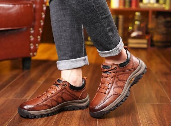 Close-up of men's hand-stitched casual shoes, highlighting precise stitching and quality material.