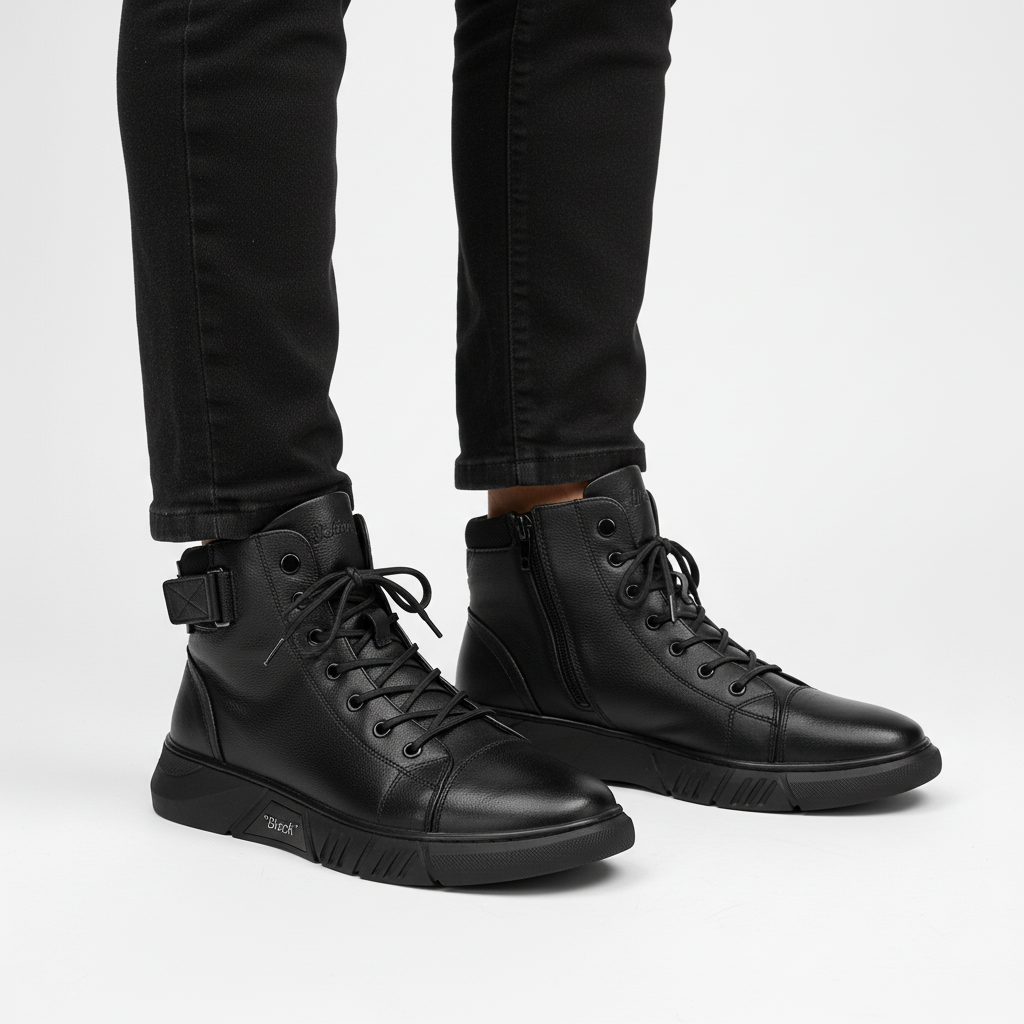 Shawn men's black leather boots with anti-slip sole, handcrafted for comfort