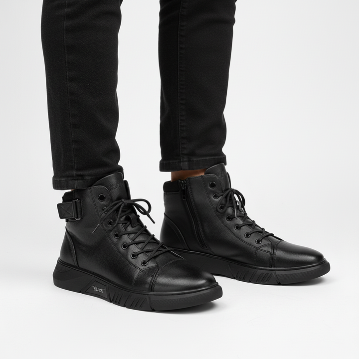 Shawn men's black leather boots with anti-slip sole, handcrafted for comfort
