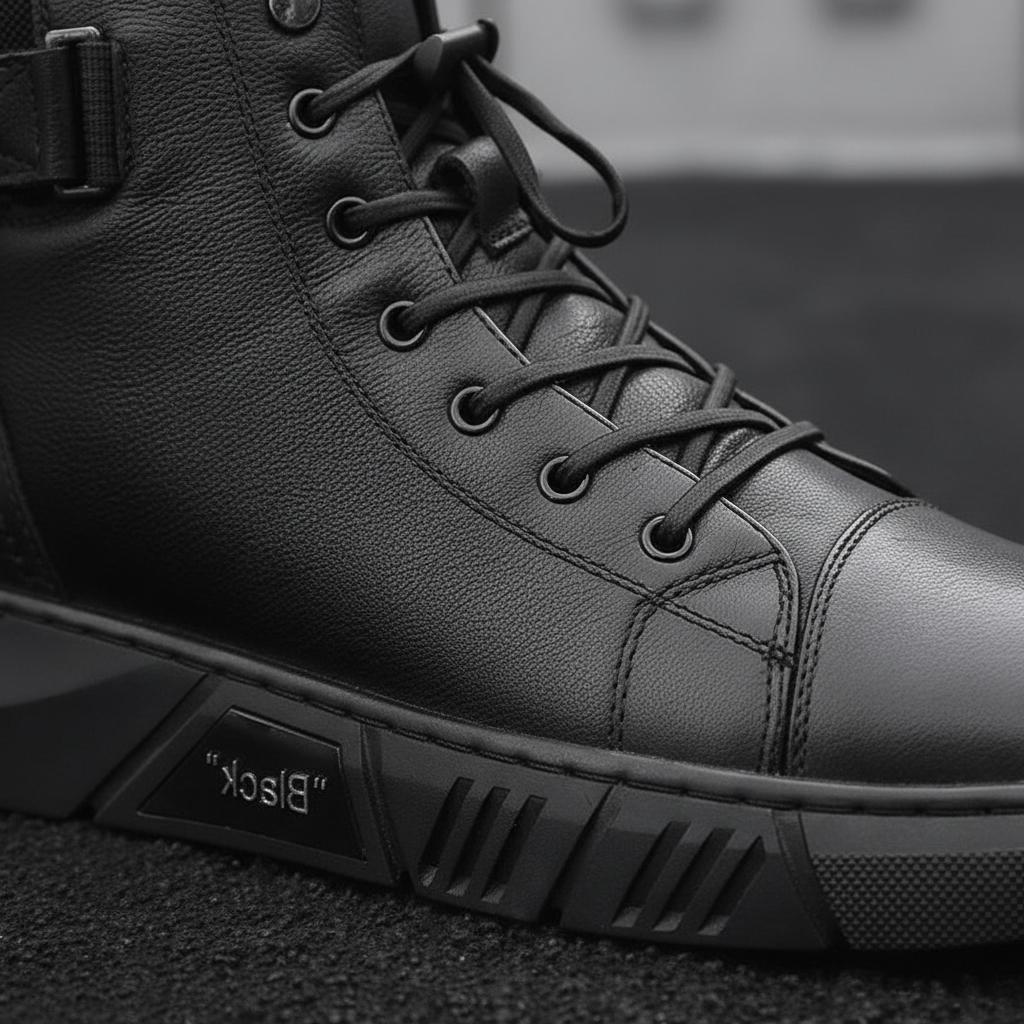 Close-up of men's Shawn black leather boots, showcasing handcrafted quality and stitching
