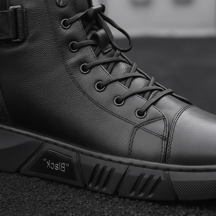 Close-up of men's Shawn black leather boots, showcasing handcrafted quality and stitching
