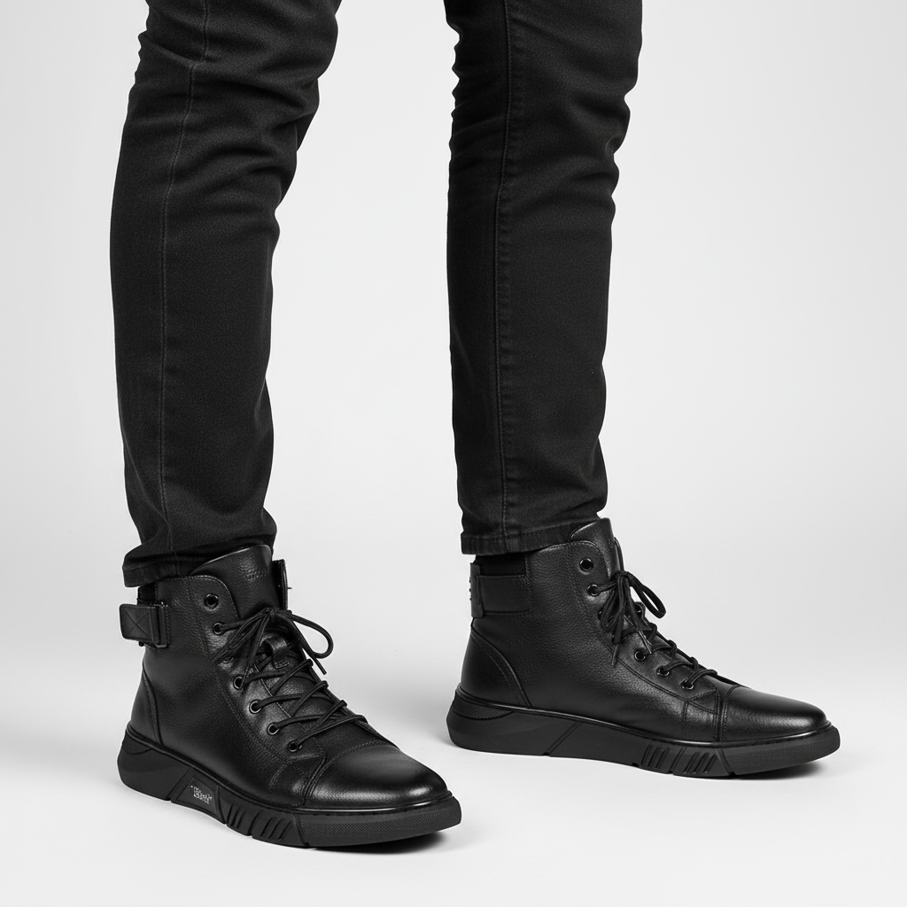 Stylish men's handcrafted black leather boots, Shawn, with shock-absorbing comfort design
