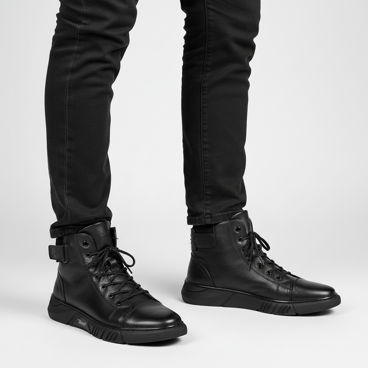 Stylish men's handcrafted black leather boots, Shawn, with shock-absorbing comfort design