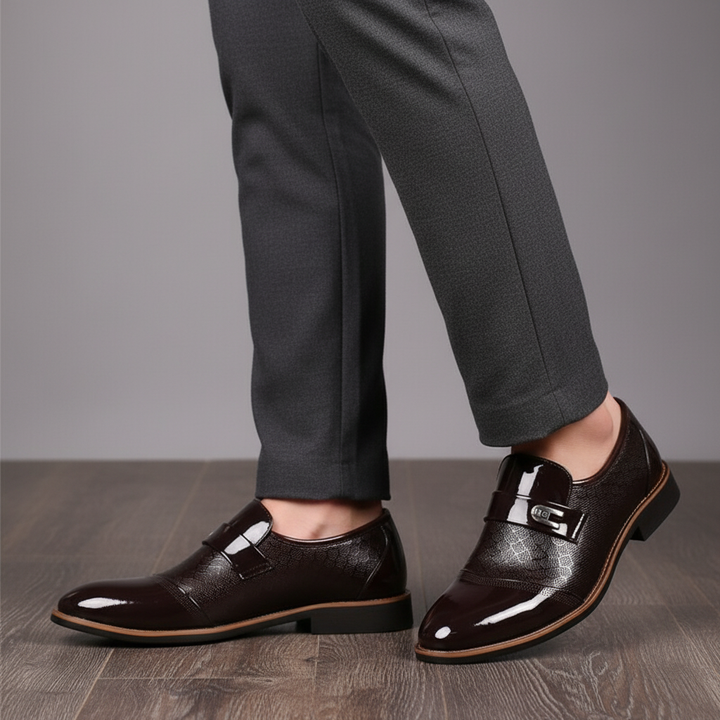 Men's handcrafted Italian leather Oxford dress shoes in a glossy finish, perfect for business attire.