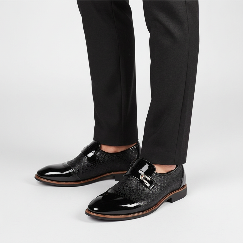 Close-up of men's Italian leather Oxford shoes, showcasing fine craftsmanship and glossy finish.