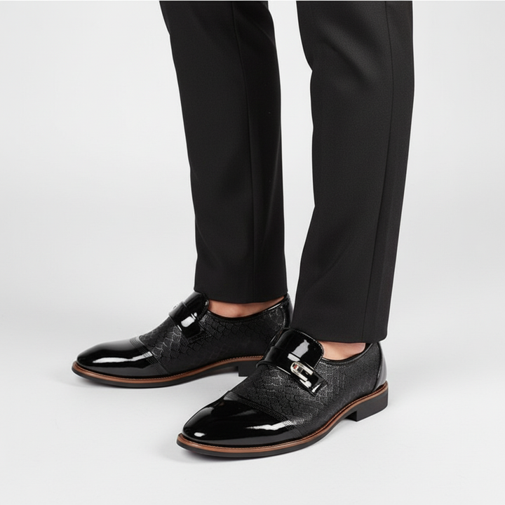 Close-up of men's Italian leather Oxford shoes, showcasing fine craftsmanship and glossy finish.